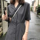Short-sleeve Plain Shirt Dress Gray - One Size