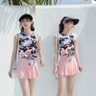 Set: Letter Trim Bikini Top + Swim Skirt + Cap-sleeve Camo Print Cover-up T-shirt