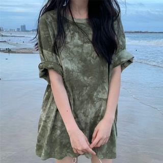 Elbow-sleeve Round Neck Tie Dye T-shirt