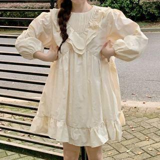 Long-sleeve Frill Trim A-line Dress Milky Almond - One Size