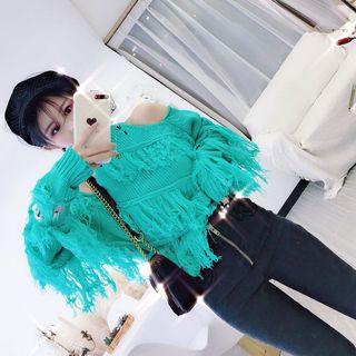 Cutout Shoulder Fringed Trim Sweater Green - One Size