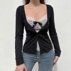 Long Sleeve Mock Two Piece Lace Paneled Bow-detail T-shirt