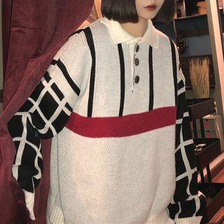 Plaid Panel Placket Sweater Plaid - White - One Size