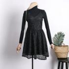 Set: Turtleneck Knit Top + Glitter Sleeveless Lace Dress