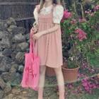 Puff-sleeve Peter-pan Collar Embroidered Blouse / Overall Dress