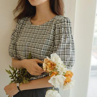 Shirred Puff-sleeve Plaid Blouse