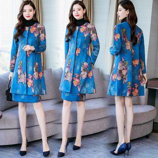 Set: Round Neck Floral Print Coat + Print Pencil Skirt