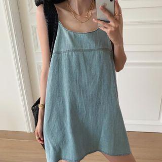 Spaghetti Strap Denim Mini A-line Dress Blue - One Size