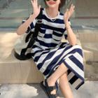 Striped Short-sleeve Midi T-shirt Dress Stripe - Navy Blue & White - One Size