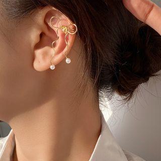 Bow Alloy Faux Pearl Cuff Earring 1 Pc - Gold - One Size