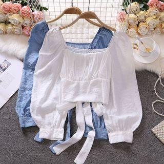 Square-neck Ribbon Cropped Blouse