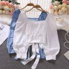 Square-neck Ribbon Cropped Blouse