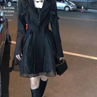 Set: Bow Accent Asymmetrical Cropped Blazer + Spaghetti Strap Mesh Panel A-line Dress