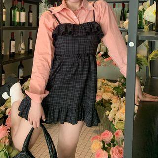Plaid Mini A-line Overall Dress / Plain Shirt