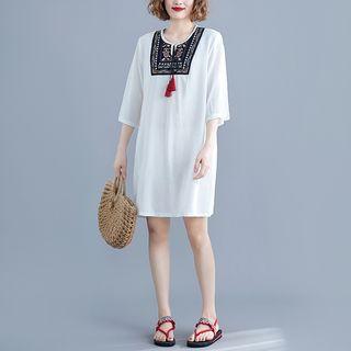 3/4-sleeve Embroidered Paneled A-line Mini Dress