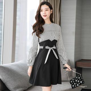 Striped Panel Long Sleeve Flared Dress