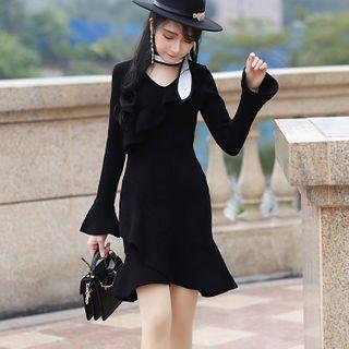 Long-sleeve Ruffled Knit Mini Mermaid Dress