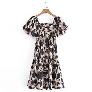 Puff-sleeve Tie-dye Tiered A-line Dress