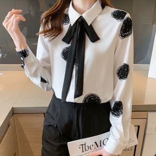 Long-sleeve Tie-neck Print Chiffon Shirt