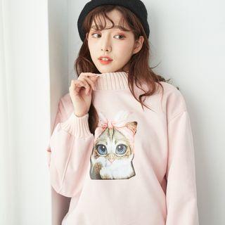 Mock Neck Cat Print Pullover