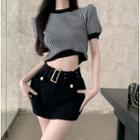 Short-sleeve Checkered Cropped T-shirt / Mini Pencil Skirt