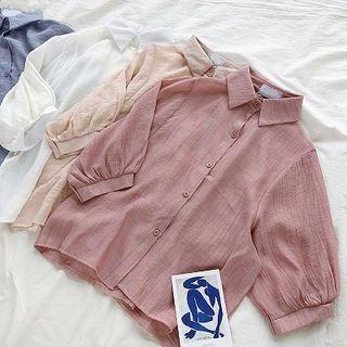 Plain Single-breasted 3/4-sleeve Blouse