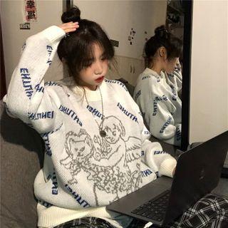 Cartoon Print Knit Sweater White - One Size
