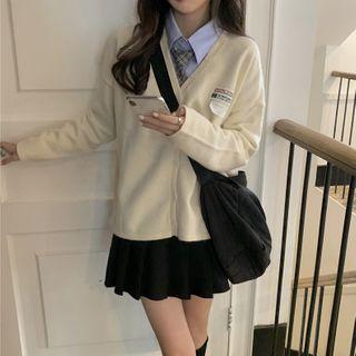 Long-sleeve Shirt / Plaid Tie / Cardigan / Set