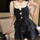 Layered Denim Mini A-line Overall Dress / Puff-sleeve Shirt