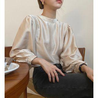 Long-sleeve Mock-neck Silky Blouse Beige - One Size