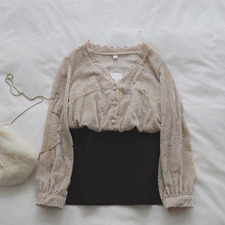 Lace Trim Velvet Blouse Almond - One Size