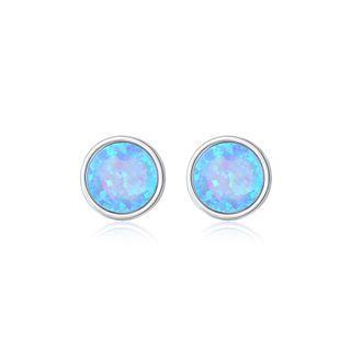 Sterling Silver Fashion Simple Geometric Round Blue Imitation Opal Stud Earrings Silver - One Size
