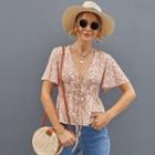Short-sleeve Floral Print Tie-front Peplum Top
