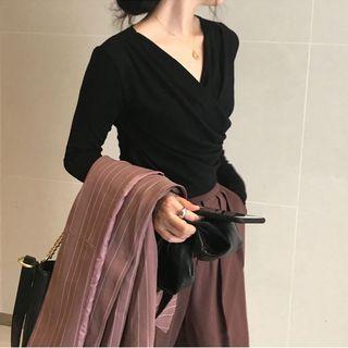 V-neck Smocked Slim Knit Top