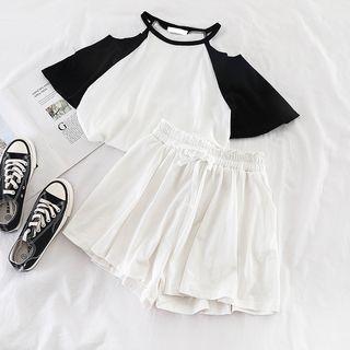 Set: Cutout-shoulder Top + High-waist Wide-leg Shorts