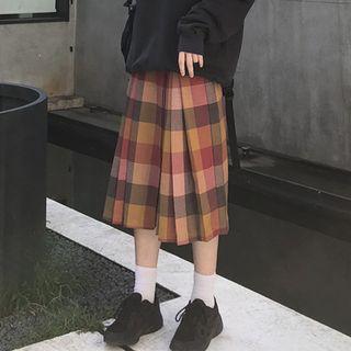 Printed Pullover / Plaid Pleated A-line Midi Skirt