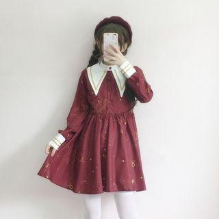 Set: Faux-fur Hooded Coat + Long-sleeve Dress