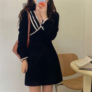 Long-sleeve V-neck Contrast Trim Mini A-line Dress Black - One Size