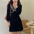 Long-sleeve V-neck Contrast Trim Mini A-line Dress Black - One Size