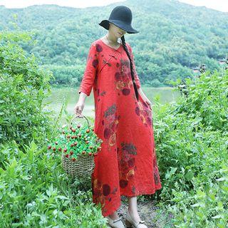 Elbow-sleeve Frog Button Floral Print Midi Dress