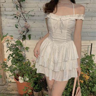 Cold-shoulder Ruffled A-line Dress Dress - White - One Size