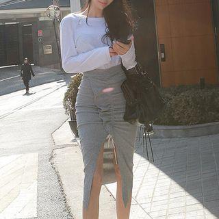 Set: Plain Long Sleeve Knot Back T-shirt + Midi Skirt