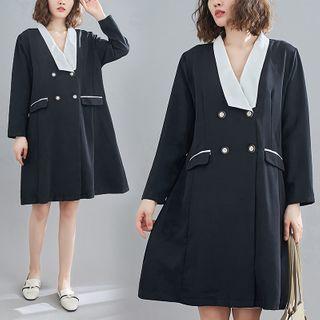 V-neck Two-tone Midi A-line Dress