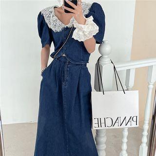 V-neck Lace Panel Denim Top / A-line Denim Skirt