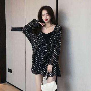 Set: Dotted Tie-front Sheer Light Jacket + Shorts Black - One Size