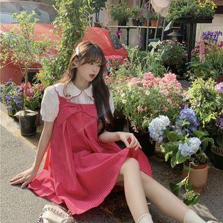 Puff-sleeve Cherry Embroidered Blouse / Plaid Midi Overall Dress
