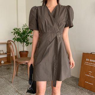 Puff-sleeve Buckled-waist Dress