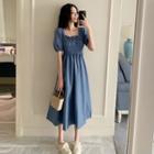 Short Sleeve Square Neck A-line Dress Blue - One Size
