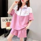 Set: Two-tone Short-sleeve Half-zip T-shirt + Plain Shorts