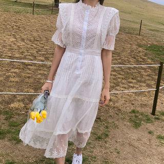 Puff-sleeve Long Crochet Dress Ivory - One Size